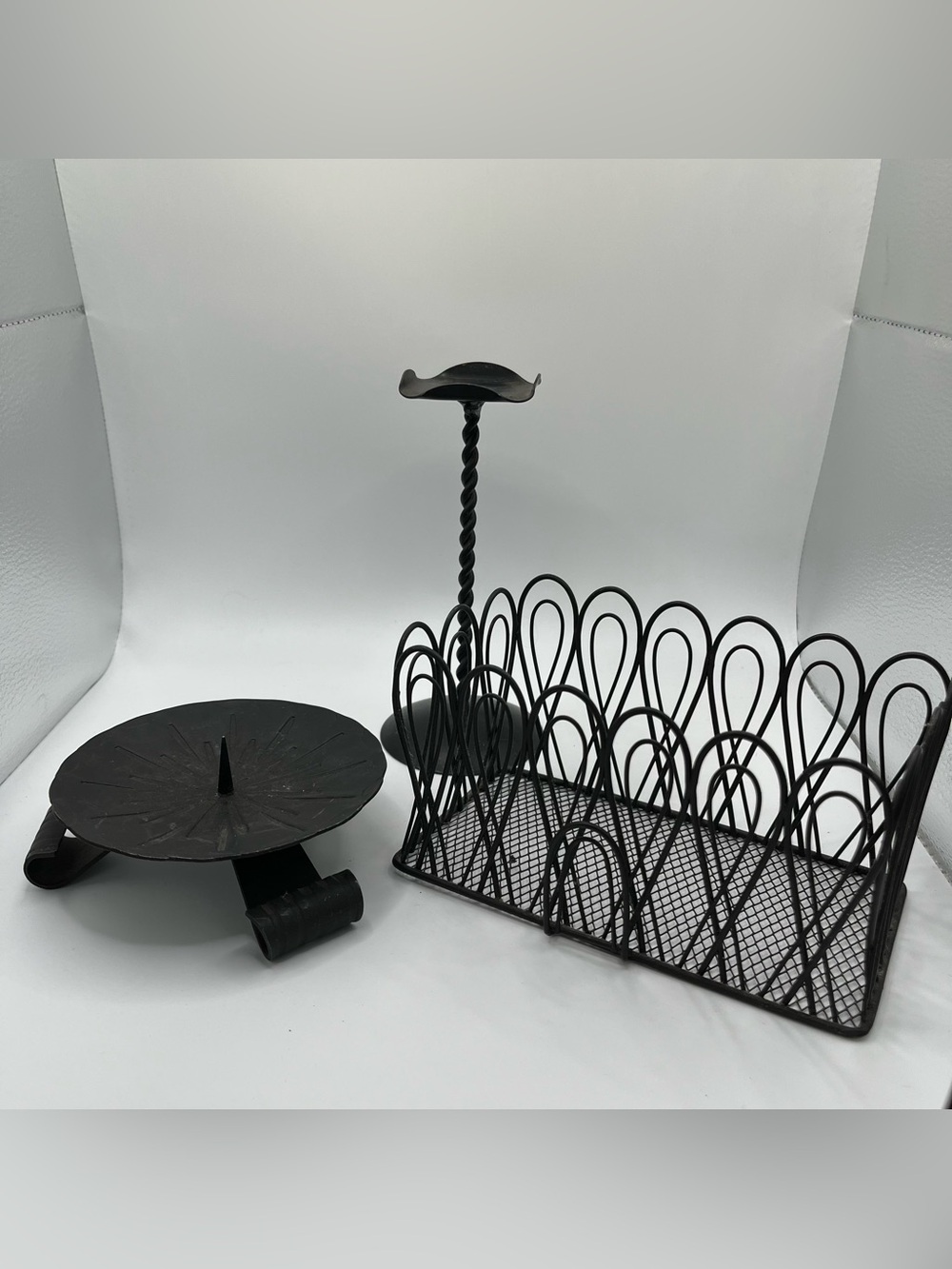 Vintage Black Wrought Metal Candle Holders Napkin Holder Decor Lot - Bundle of 3